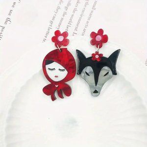 Little Red Riding Hood Earrings - Asymmetric Acrylic Storybook Hanging E…